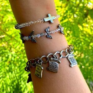 Heavenly Silver and Clear Beaded Bracelet Charm Stack of 3
